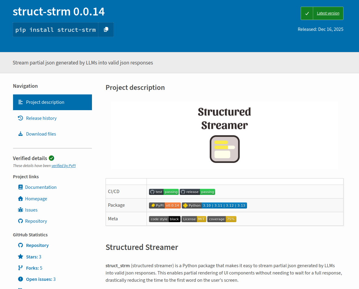 pypi page for struct strm library